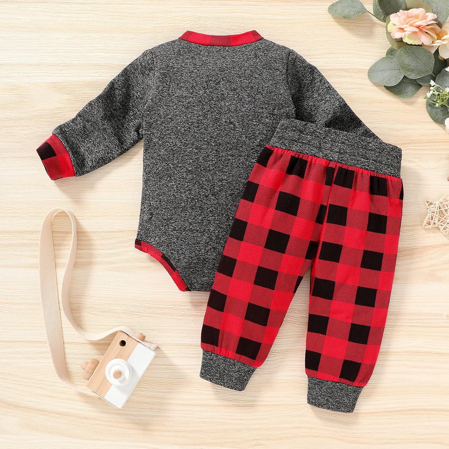 I'm so thankful Newborn Baby Boy Fall Clothes Infant Plaid Long Sleeve Button Romper and Pants Set Winter Outfits - Image 3